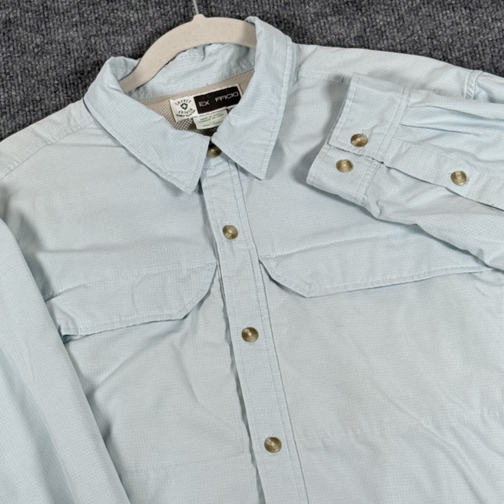 ExOfficio Shirt Mens Large Blue Insect Shield Long Sleeve Outdoor Hiking Utility